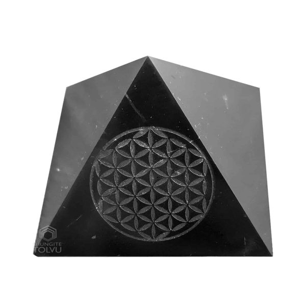 large Shungite stone pyramid with engraving polished