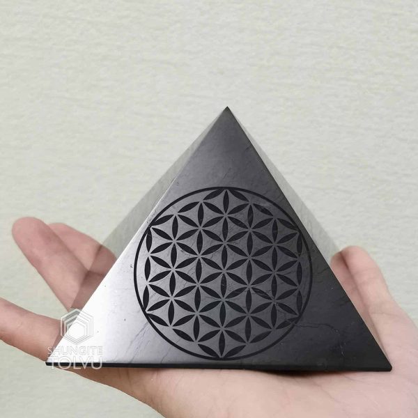 Shungite stone pyramid with engraving 100 mm