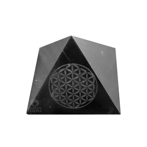 Shungite stone pyramid with engraving polished