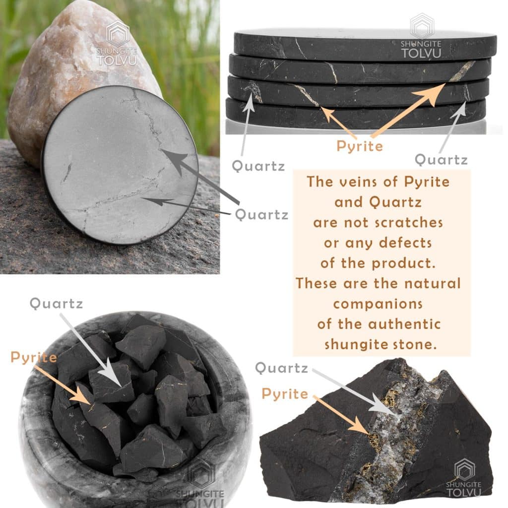 quartz and pyrite in shungite stone plate