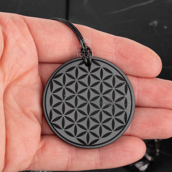 shungite pendant on the hand 45mm Flower of Life