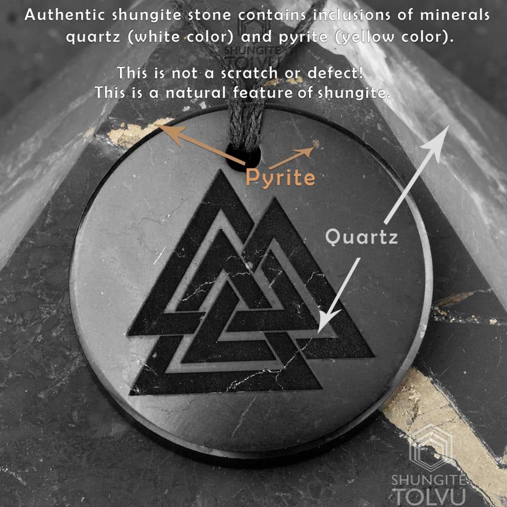 quartz and pyrite in shungite stone pendant three triangles