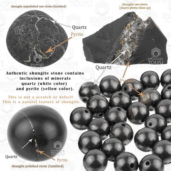 Shungite beads with mineral inclusions