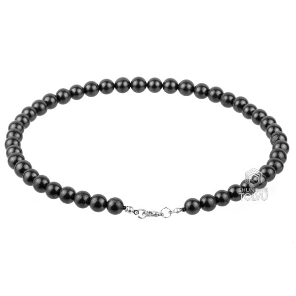 Stainless steel clasp on black beads chain with shungite beads