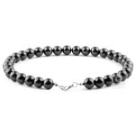 Back view of large black bead necklace showing stainless clasp