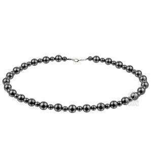 Handmade black diamond bead necklace on textured background